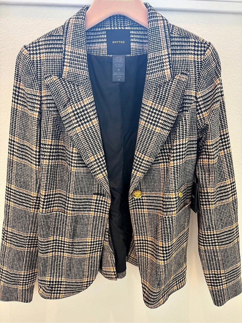 Smythe Wool Plaid Leather Elbow Patch Hunting Blazer Black & Tan Size 4